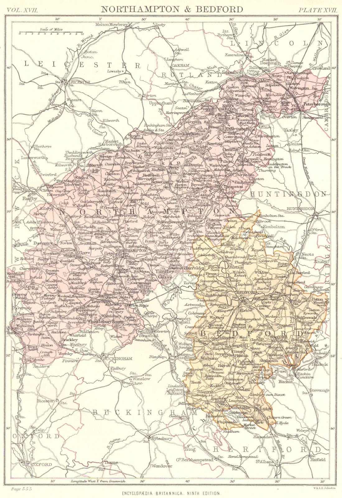 NORTHAMPTONSHIRE & BEDFORDSHIRE. Britannica 9th edition County map 1898